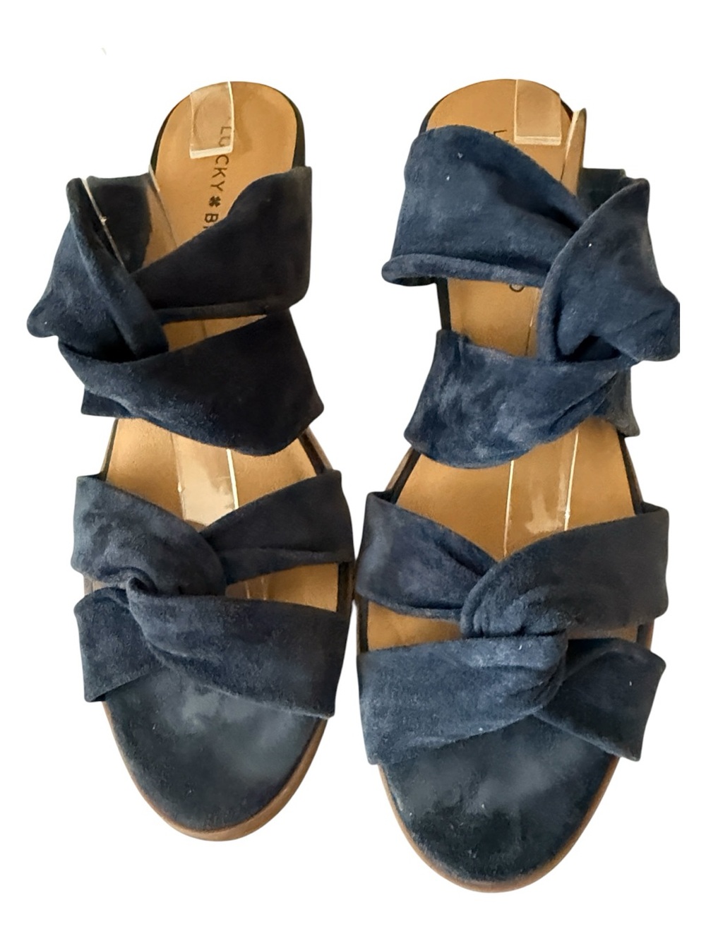 Lucky Brand blue suede wedge sandals featuring a stylish knot detail, size 10
